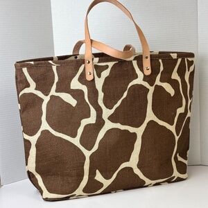 Murval Giraffe Pattern Jute Tote Bag Leather
